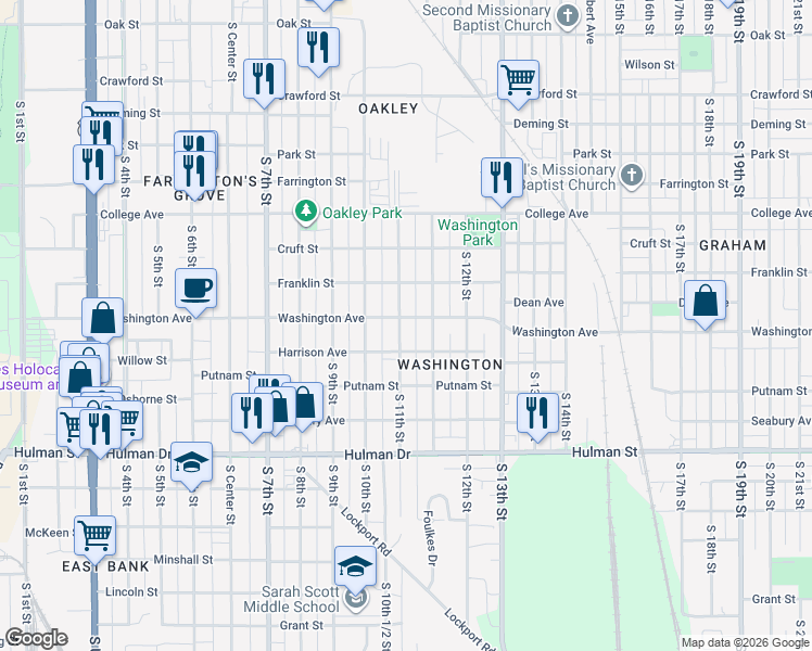 map of restaurants, bars, coffee shops, grocery stores, and more near 1429 South 11th Street in Terre Haute