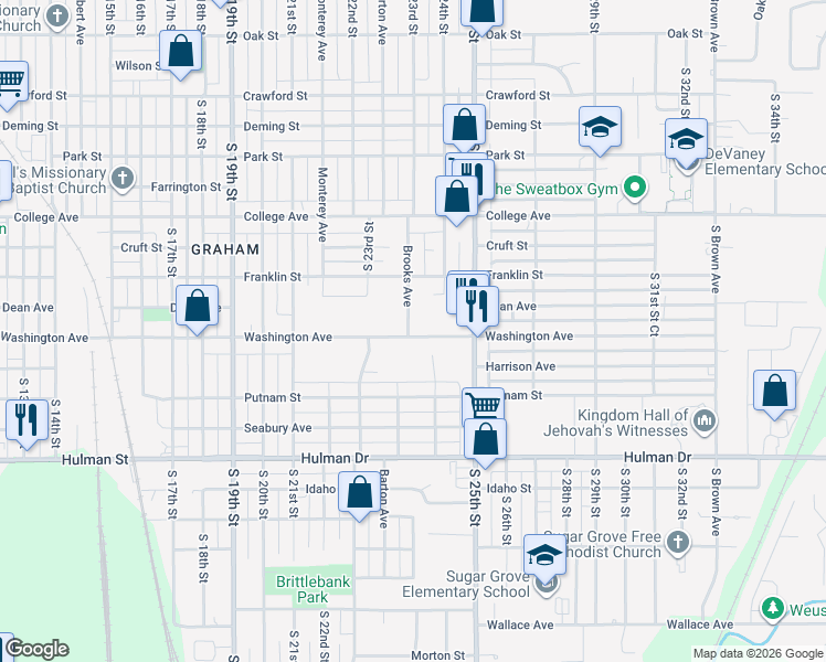 map of restaurants, bars, coffee shops, grocery stores, and more near 2323-2499 Washington Avenue in Terre Haute