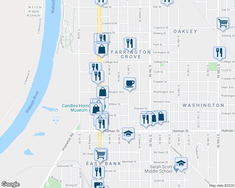 map of restaurants, bars, coffee shops, grocery stores, and more near 302 Willow Street in Terre Haute