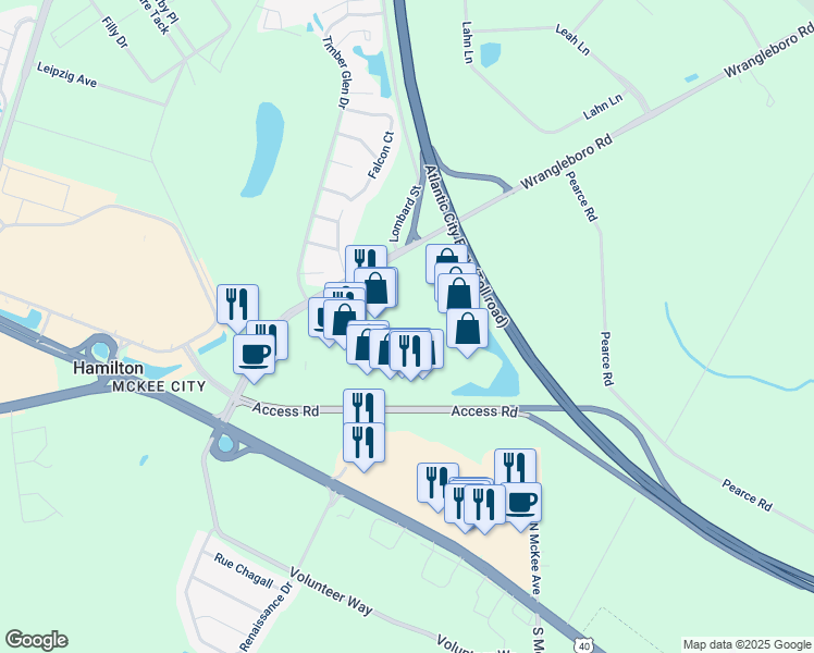 map of restaurants, bars, coffee shops, grocery stores, and more near 2300 Wrangleboro Road in Hamilton