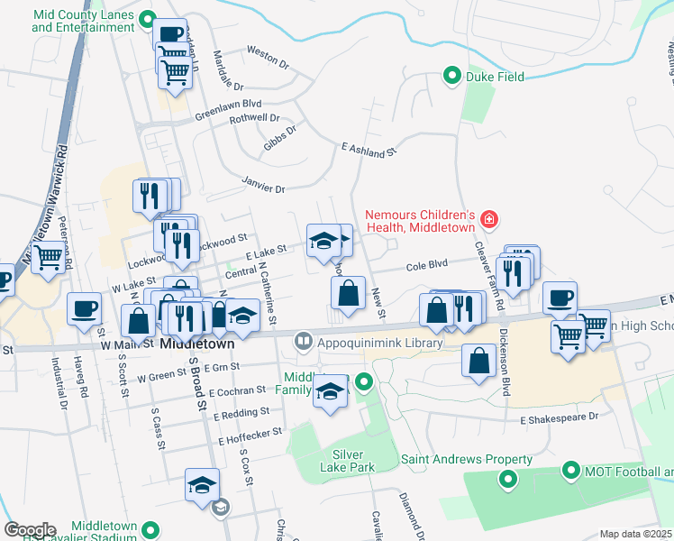 map of restaurants, bars, coffee shops, grocery stores, and more near 201 New Street in Middletown