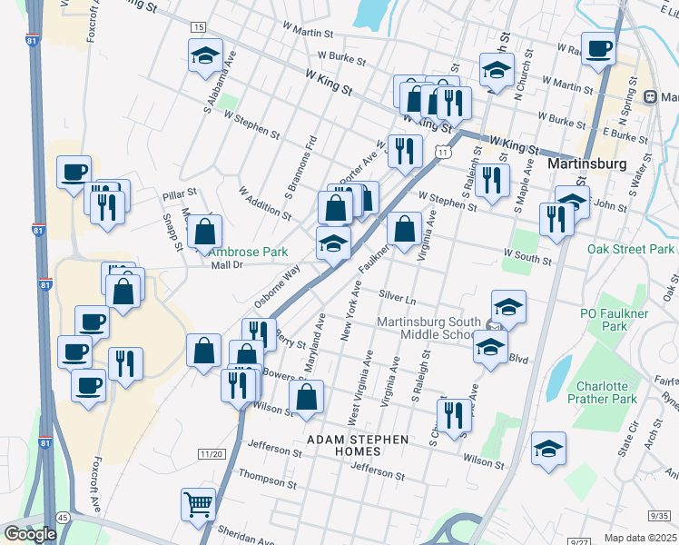 map of restaurants, bars, coffee shops, grocery stores, and more near 650 Winchester Avenue in Martinsburg