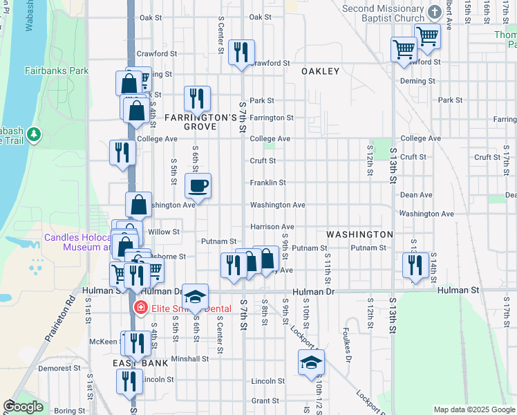 map of restaurants, bars, coffee shops, grocery stores, and more near 1314 South 7th Street in Terre Haute