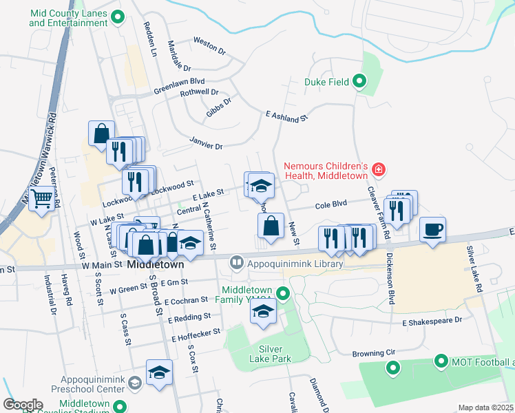 map of restaurants, bars, coffee shops, grocery stores, and more near 201 New Street in Middletown