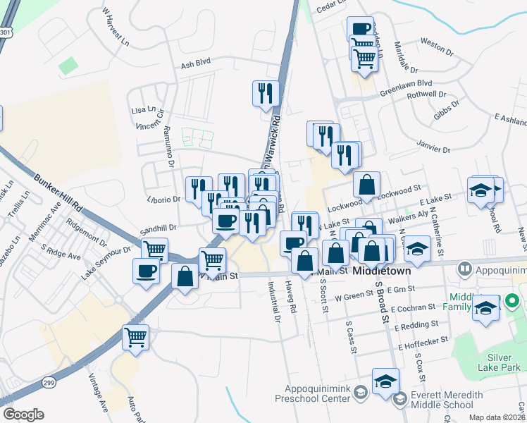 map of restaurants, bars, coffee shops, grocery stores, and more near 5464 Peterson Road in Middletown
