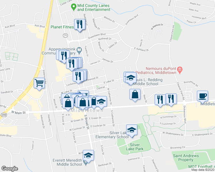 map of restaurants, bars, coffee shops, grocery stores, and more near North Catherine Street in Middletown