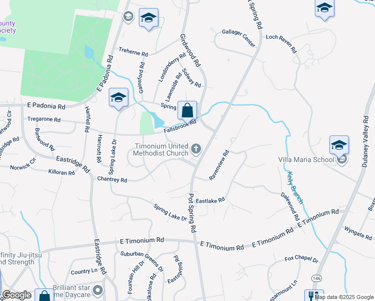 map of restaurants, bars, coffee shops, grocery stores, and more near 2303 Wuthering Road in Timonium