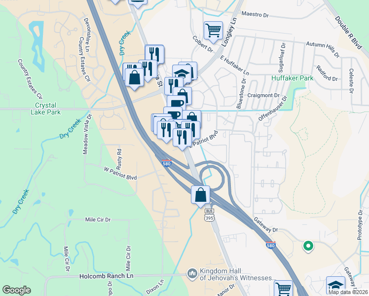 map of restaurants, bars, coffee shops, grocery stores, and more near 8175 South Virginia Street in Reno