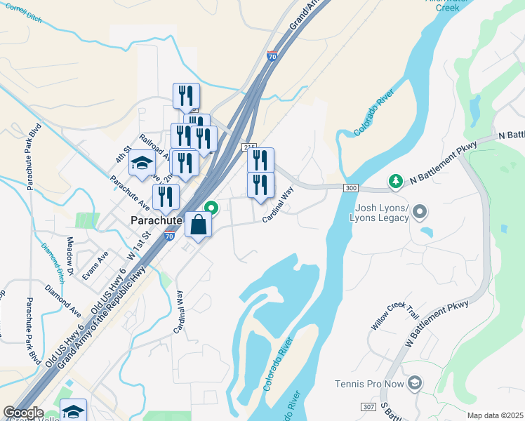 map of restaurants, bars, coffee shops, grocery stores, and more near 28 Cardinal Way in Parachute