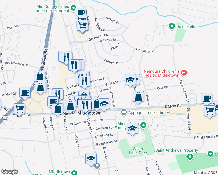 map of restaurants, bars, coffee shops, grocery stores, and more near 210 North Catherine Street in Middletown