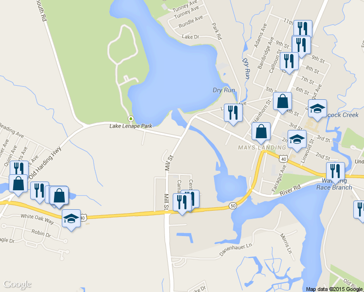 map of restaurants, bars, coffee shops, grocery stores, and more near 70 Mill Street in Mays Landing