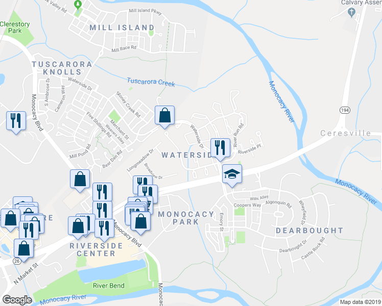 map of restaurants, bars, coffee shops, grocery stores, and more near 8022 Cat Tail Court in Frederick