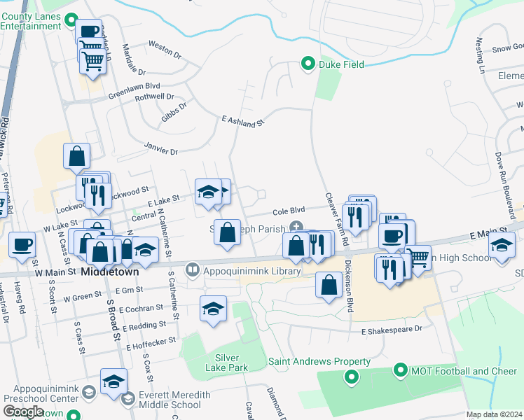 map of restaurants, bars, coffee shops, grocery stores, and more near 21 Cole Boulevard in Middletown
