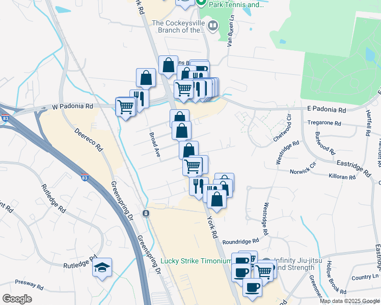 map of restaurants, bars, coffee shops, grocery stores, and more near 2341 York Road in Timonium