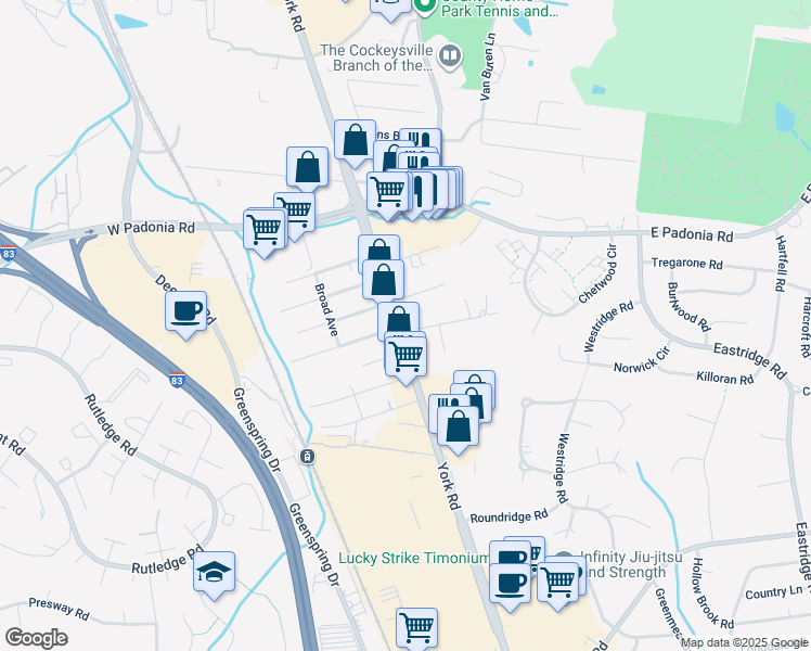 map of restaurants, bars, coffee shops, grocery stores, and more near 2341 York Road in Timonium