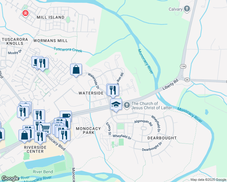 map of restaurants, bars, coffee shops, grocery stores, and more near 8205 Blue Heron Drive in Frederick