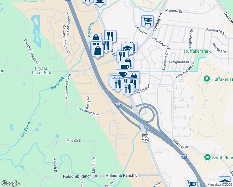 map of restaurants, bars, coffee shops, grocery stores, and more near 8175 South Virginia Street in Reno