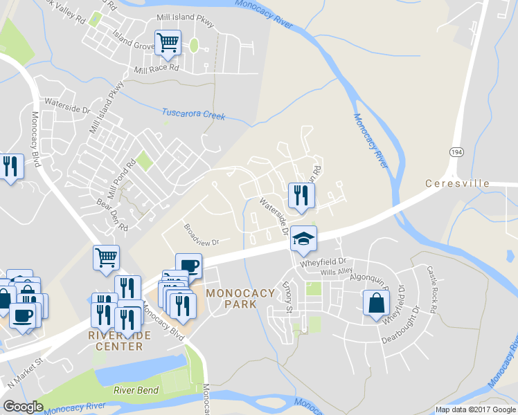 map of restaurants, bars, coffee shops, grocery stores, and more near 8017 Cattail Court in Frederick