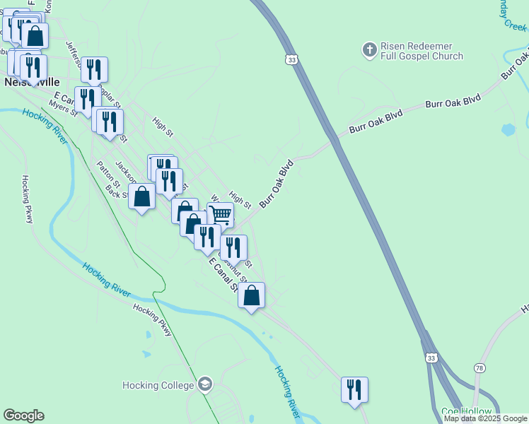 map of restaurants, bars, coffee shops, grocery stores, and more near 958 High Street in Nelsonville