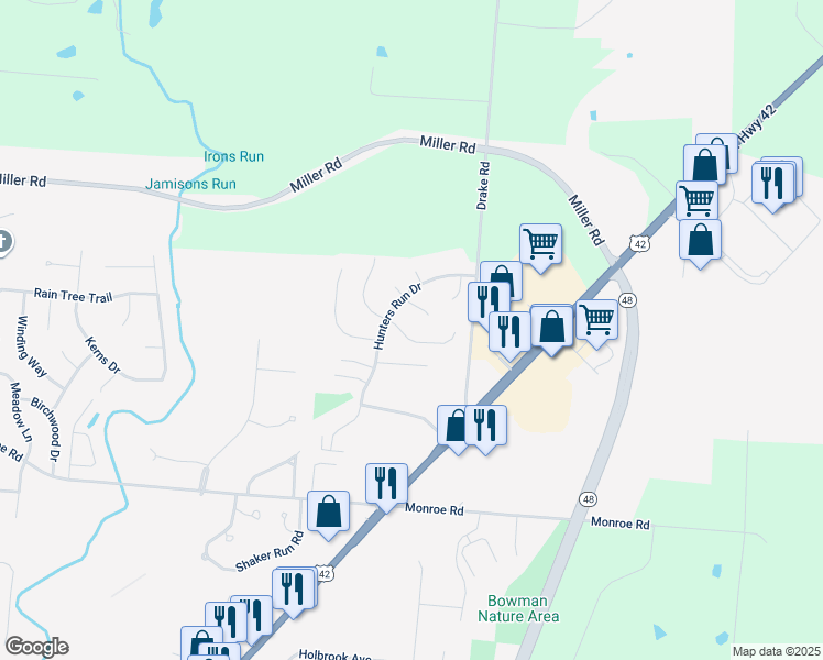 map of restaurants, bars, coffee shops, grocery stores, and more near 1070 Hunters Run Drive in Lebanon