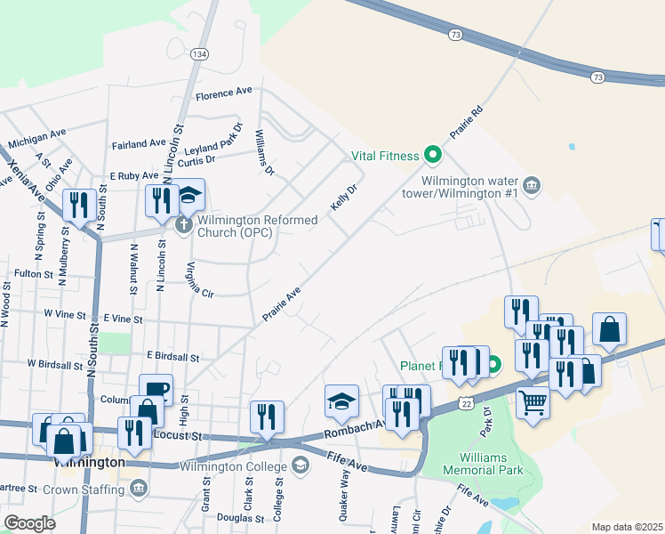 map of restaurants, bars, coffee shops, grocery stores, and more near 730 Prairie Road in Wilmington
