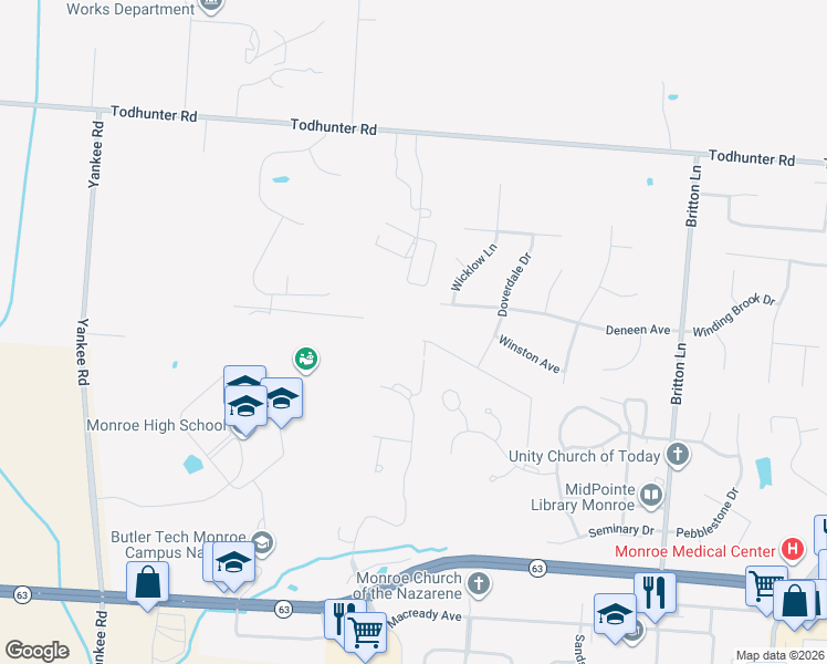 map of restaurants, bars, coffee shops, grocery stores, and more near 211 Wexford Drive in Monroe