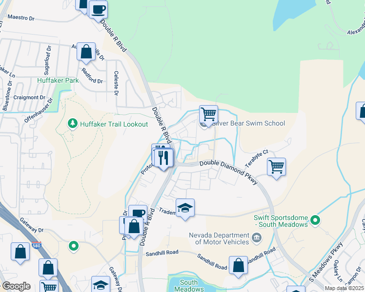 map of restaurants, bars, coffee shops, grocery stores, and more near 9200 Double R Boulevard in Reno