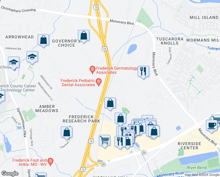map of restaurants, bars, coffee shops, grocery stores, and more near 7945 Wormans Mill Road in Frederick
