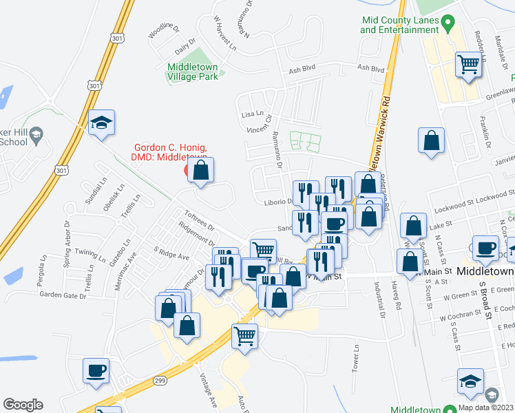 map of restaurants, bars, coffee shops, grocery stores, and more near 194 Liborio Drive in Middletown