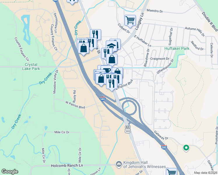 map of restaurants, bars, coffee shops, grocery stores, and more near 8175 South Virginia Street in Reno