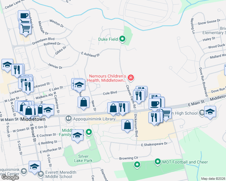 map of restaurants, bars, coffee shops, grocery stores, and more near 75 Cole Blvd in Middletown