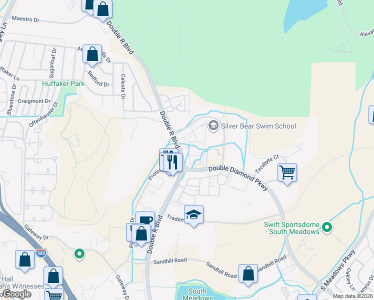 map of restaurants, bars, coffee shops, grocery stores, and more near 9200 Double R Boulevard in Reno