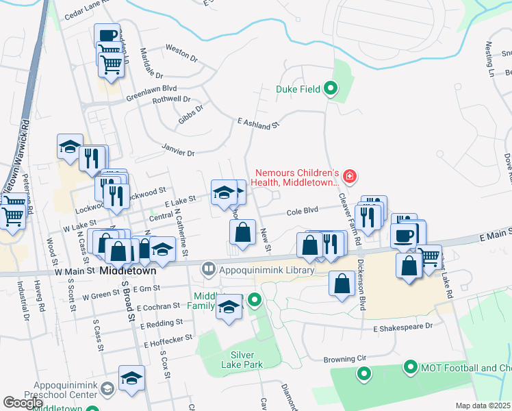 map of restaurants, bars, coffee shops, grocery stores, and more near 67 New Street in Middletown