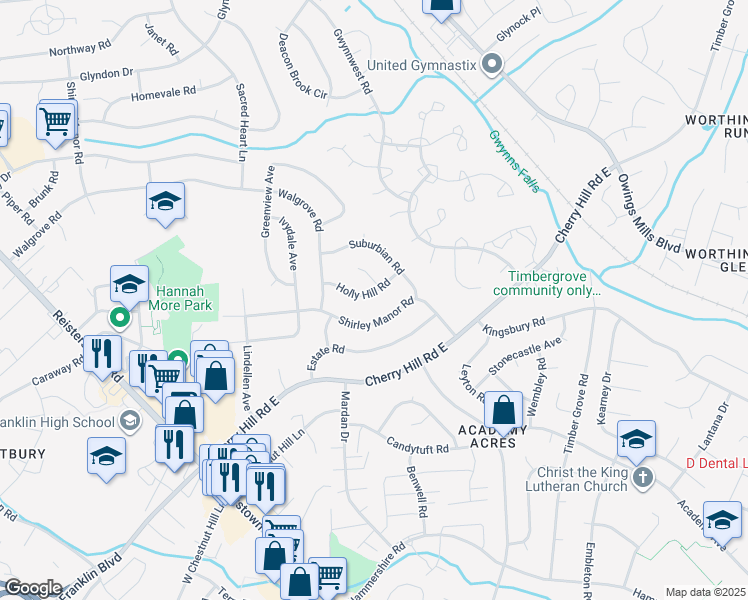 map of restaurants, bars, coffee shops, grocery stores, and more near 315 Holly Hill Road in Reisterstown