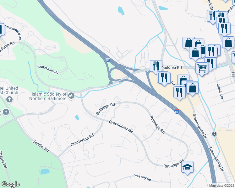 map of restaurants, bars, coffee shops, grocery stores, and more near 8 Athenry Court in Lutherville-Timonium