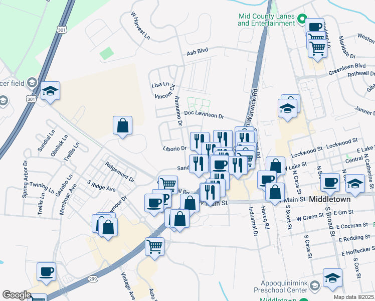 map of restaurants, bars, coffee shops, grocery stores, and more near 250 Liborio Drive in Middletown