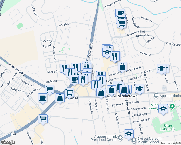 map of restaurants, bars, coffee shops, grocery stores, and more near 5464 Peterson Road in Middletown