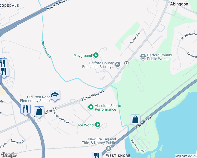 map of restaurants, bars, coffee shops, grocery stores, and more near 2910 Indian Summer Court in Abingdon