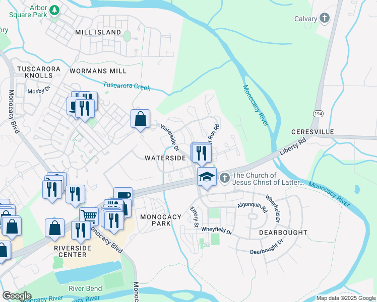 map of restaurants, bars, coffee shops, grocery stores, and more near 8203 Blue Heron Drive in Frederick