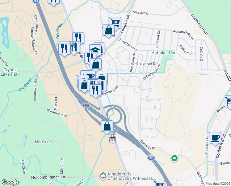 map of restaurants, bars, coffee shops, grocery stores, and more near 530 East Patriot Boulevard in Reno