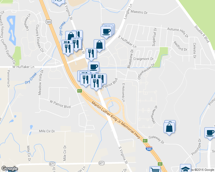 map of restaurants, bars, coffee shops, grocery stores, and more near 530 East Patriot Boulevard in Reno
