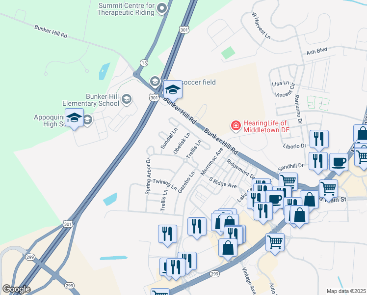 map of restaurants, bars, coffee shops, grocery stores, and more near 313 Obelisk Lane in Middletown
