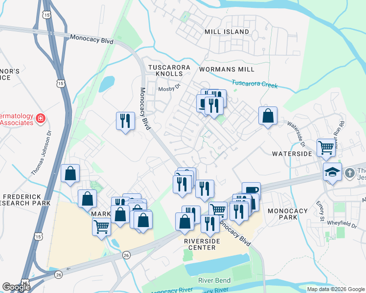 map of restaurants, bars, coffee shops, grocery stores, and more near 2523 Bear Den Road in Frederick