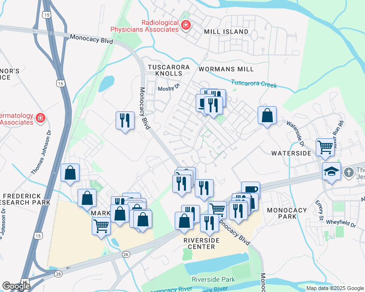 map of restaurants, bars, coffee shops, grocery stores, and more near 2523 Bear Den Road in Frederick