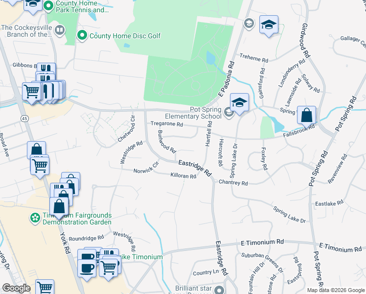 map of restaurants, bars, coffee shops, grocery stores, and more near 104 Medlow Court in Lutherville-Timonium