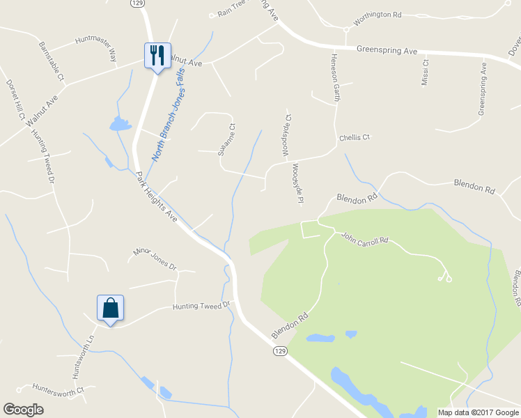map of restaurants, bars, coffee shops, grocery stores, and more near 12111 Heneson Garth in Owings Mills