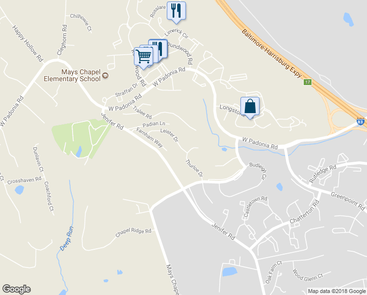 map of restaurants, bars, coffee shops, grocery stores, and more near 707 Leister Drive in Lutherville-Timonium