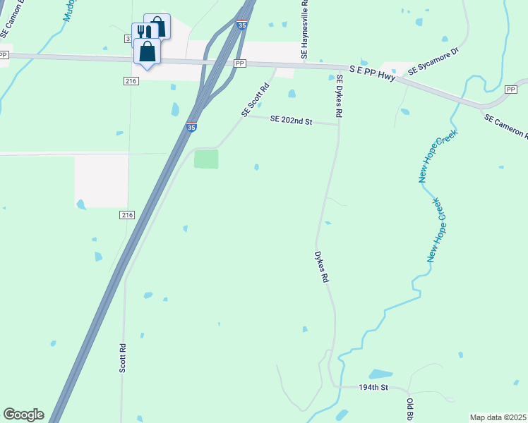 map of restaurants, bars, coffee shops, grocery stores, and more near 19816 Dykes Road in Holt