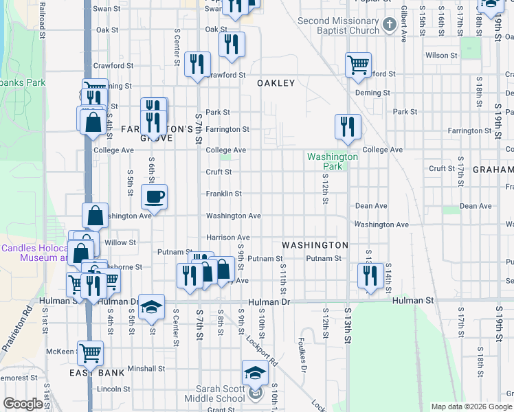 map of restaurants, bars, coffee shops, grocery stores, and more near 1315 South 10th Street in Terre Haute
