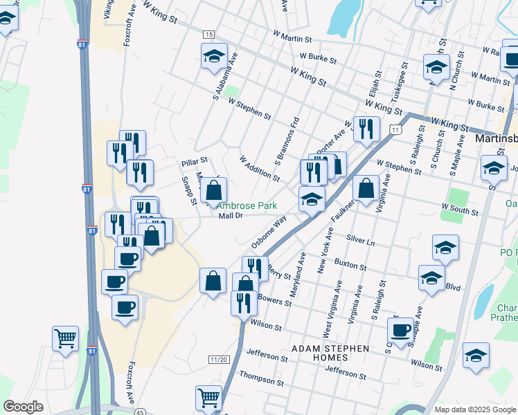 map of restaurants, bars, coffee shops, grocery stores, and more near 25404 Mall Drive in Martinsburg